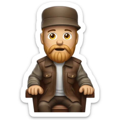 biff wiff short santa beard wearing a brown leather jacket and a paddy driving cap sitting in a folding directors chair looking angry(full body, ios17) sticker
