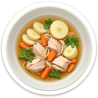 Emoji of a Mexican chicken broth (consomé de pollo): a warm golden soup with bits of shredded chicken, carrot, potato, and cilantro in a simple round bowl, viewed from above sticker