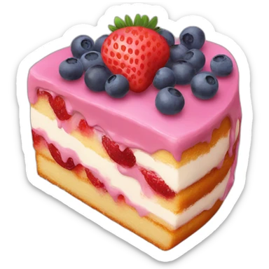 A strawberry cake with raspberries and blueberry sticker