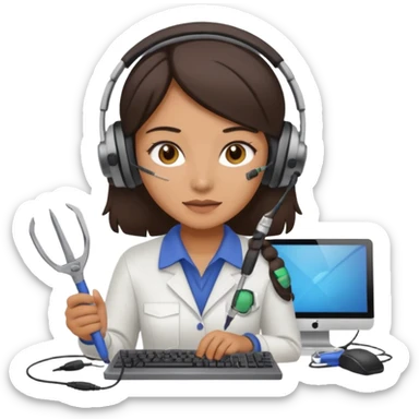 female computer technician fixing damaged computer sticker