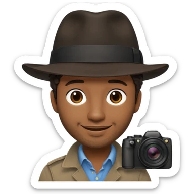 Black photographer wearing black fedora, short dark brown hair, naturally messy, stubble, smiling sticker