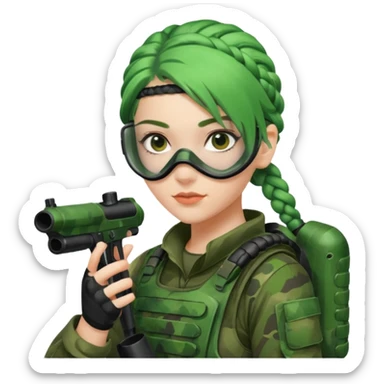 paintball player face girl braided green hair sticker