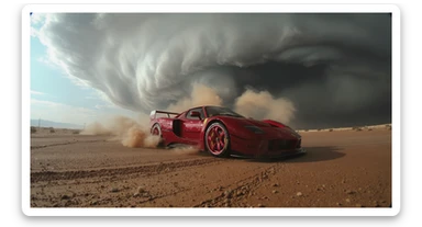 Cinematic still of a ferrari f40 around tornado od arizona desert, sun flare, captured by gopro hero with effect fisheye, water drops on car body, detailed sticker