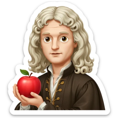 Isaac Newton wearing 17th-century aristocratic attire with long curled periwig, hold an apple sticker