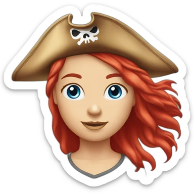 Woman long red platted hair hair only on one side of head, pirate hat. One side of head has no hair. Blue eyes. skull and crossbones t shirt sticker