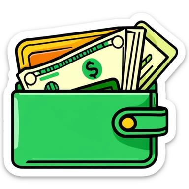 sleek black wallet open with dollar bills visible inside sticker