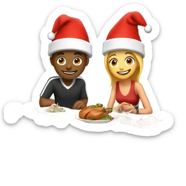emoji Sports couple , a man and a woman in sportswear, sitting at the Christmas dinner table with a red Christmas hat sticker