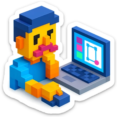 voxel art designer using MacBook, Figma interface on screen sticker