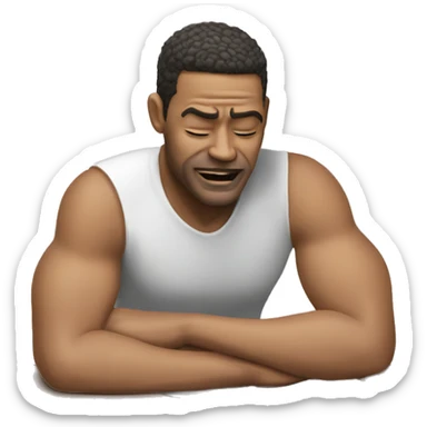 A men place palm in jaw and elbow on table sticker