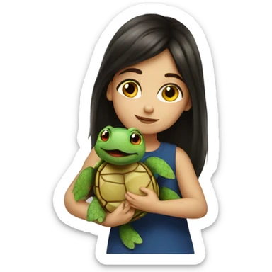 European girl with dark hair kiss little turtle sticker