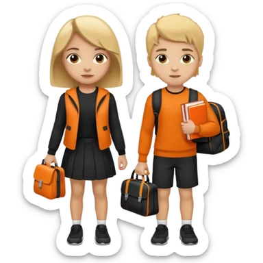 light skin students girl and boy with school bag full of books on hand and dumbell in other hand. Clothes are in black and orange colours. They are going to the gym. They have brown and blonde hair. Dumbell is visible in hand sticker