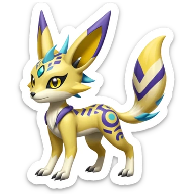 Splash-marked Colorful Patterned Exotic Meloetta-Zeraora-Lombax-Renamon-Protogen-Palkia-hybrid-fusion-Fakémon-creature, full body sticker