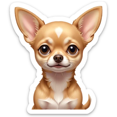 Cinematic Grumpy Fawn Short Haired Chihuahua Portrait Emoji, Head tilted slightly with a deeply unimpressed expression, thick fawn fur with a slight sheen, large, droopy dark eyes narrowed into an unamused glare, ears slightly drooping in exasperation, Simplified yet comically expressive features, highly detailed, glowing with a dry, sarcastic glow, high shine, effortlessly judgmental yet dignified, stylized with a touch of cynicism, bright but brooding, soft glowing outline, capturing the essence of an eternally unimpressed yet endearing pup, so lifelike it feels like it could sigh heavily at you in disdain at any moment! sticker