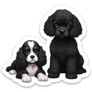 blenheim cavalier king charles spaniel and black poodle cuddle each other  sticker