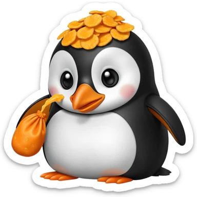 Penguin eating a bag of Cheeto puff chips sticker