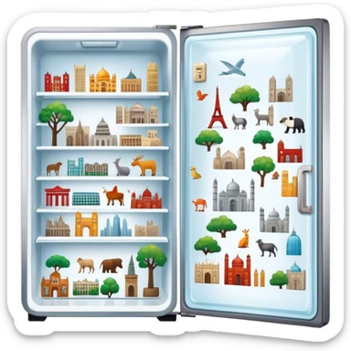 Icon for Magnet Collecting: a close-up of a fridge door covered with a variety of magnets, featuring cities, animals, symbols. The icon should highlight the diversity and charm of magnet collections. Transparent background. sticker