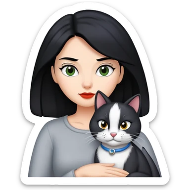 mulher de cabelo preto com gato frajola cinza sticker