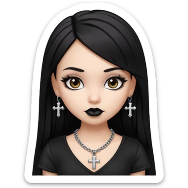 generate a pretty bratz girl in black goth top, black lipstick, black eyeliner, dark brown eyes. Dark brown hair straight long. wearing a silver cross necklace sticker