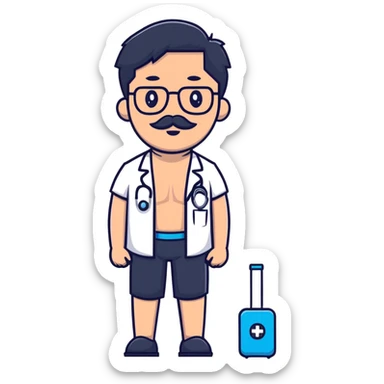 A light-medium Man wearing a short with no shirt with black hair and toooooo short beard and Mustache and blue medical glasses  sticker