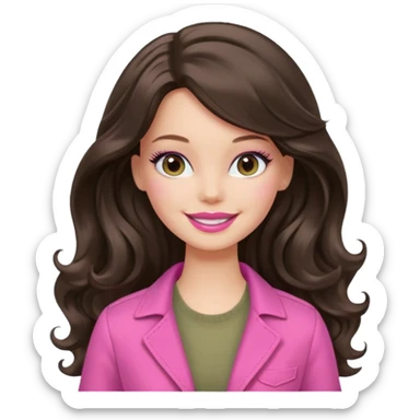 A white Barbie girl with long dark brown wavy hair in pale olive clothes pink and smail sticker