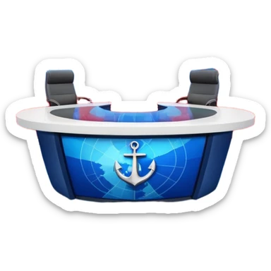 Professional news TV studio interior, modern anchor desk in center, large curved LED screen wall behind presenter, abstract global map graphics, blue dominant colors with red accents, symmetrical composition, broadcast-quality lighting, realistic 3D studio render sticker