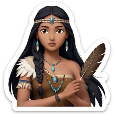 Cinematic Realistic Pocahontas Portrait, depicted with lifelike skin texture, soft natural lighting, and intricately detailed long, flowing raven-black hair that moves gracefully in the wind. Her deep, soulful dark brown eyes exude wisdom and strength, complemented by a serene yet powerful expression. She is shown gently holding a feather in one hand, her other hand resting lightly at her side, embodying the harmonious balance between nature and herself. She is dressed in her classic one-shoulder native American dress, with rich fabric textures and delicate beaded details that catch the light beautifully. The portrait features a soft, sun-kissed glow with a natural, radiant finish, capturing the essence of untamed beauty and deep connection to nature in a realistic and painterly style, evoking a sense of depth and authenticity. sticker