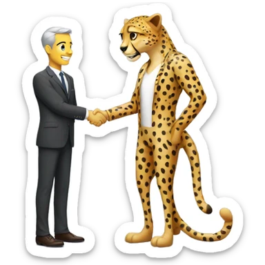 A cheetah in a classic suit shakes hands with a man  sticker