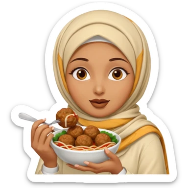 woman wearing a cream colored pashmina hijab eating meatballs sticker