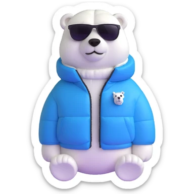polar bear wearing a white puffer jacket and sunglasses  sticker