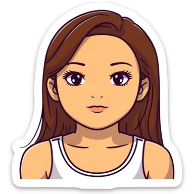 beautiful girl, long straight brown hair, brown eyes with lashes, wearing a white crop top, tan skin sticker