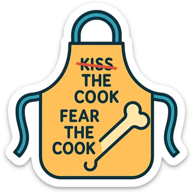 An apron with the text "Kiss the Cook" scratched out and replaced with "Fear the Cook", featuring a giant rib bone as a weapon sticker
