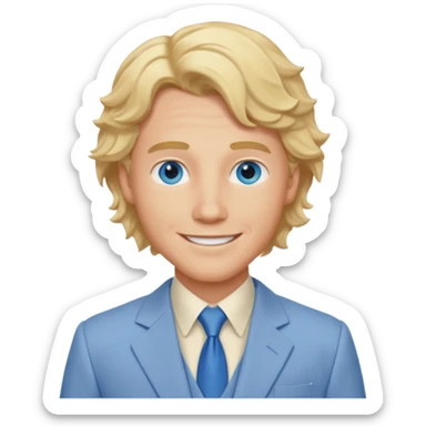 Tom Bryant from Summer of Fear with blonde wavy hair, blue eyes, cream suit sticker
