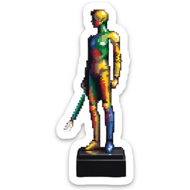 A paintbrush transforming into a metallic human silhouette sculpture, with museum-like display pedestal, symbol of artistic identity sticker