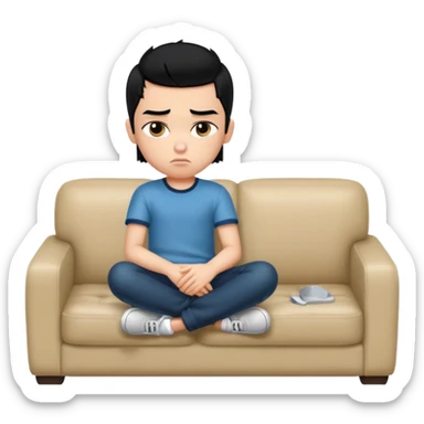 a pretty bratz boy with black hair and fat on a sofa looking sad sticker