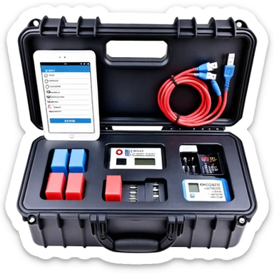 An open, black outdoor test case.Interior: control panel with colored test jacks, USB ports, and a power outlet. A red test probe is located next to it. On the left side of the case is a large roll of white, round test labels displaying QR codes. A blue cable leads out of the side of the case. sticker