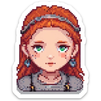 girl with red hair and four eyebrows, pixel art style sticker