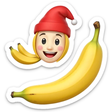 A 3D cartoon banana with a red nose and tiny hat, smiling face, playful pose, Memoji-style. sticker