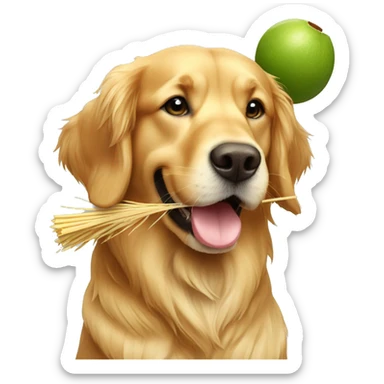 golden retriever with green coconut in his hand and straw going to his mouth sticker