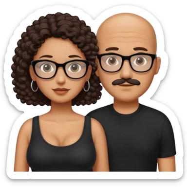 A picture of a tanned couple. the man is a Mexican man with tanned skin, with a bald hair cut, short beard and wearing a black shirt, no glasses. the woman is wearing rectangle shaped glasses, with long curly dark brown hair and with big boobs  sticker