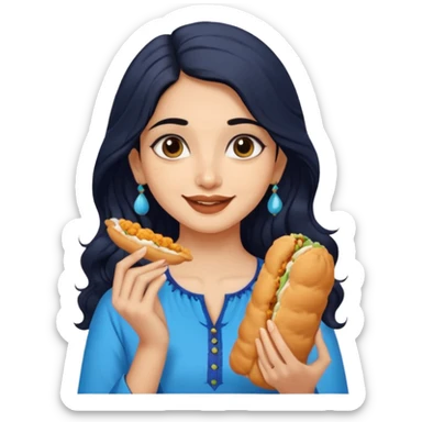 a pretty indian bratz girl with wavy long black hair. eyeliner on, wearing a blue kurti, eating vadapav sticker