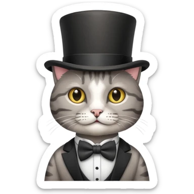 Grey tabby cat in top hat and bow tie sticker