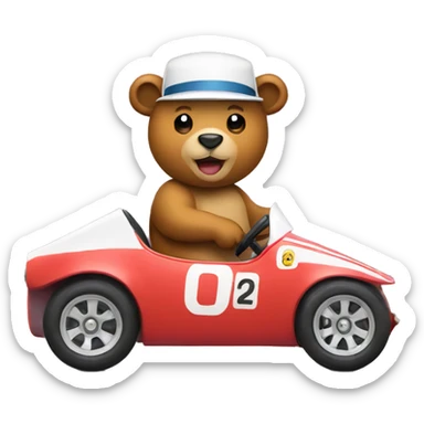 Please make an emoji of a bear driving a race car with a hat sticker