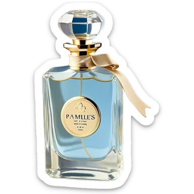 gainst a powdery blue silk backdrop, a vintage crystal perfume bottle with delicate gold filigree detailing catches the soft glow of the morning light. A silken ivory ribbon, loosely tied around its slender neck, cascades onto the fabric, creating soft folds. Scattered around the bottle, pale blue and creamy white pansies rest gently, their petals carrying hints of pearl-like shimmer. A few stray petals, kissed by the golden light, add a touch of delicate imperfection, evoking a sense of quiet romance. sticker