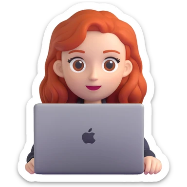 white-skinned red-haired woman using a MacBook, 3D emoji style sticker