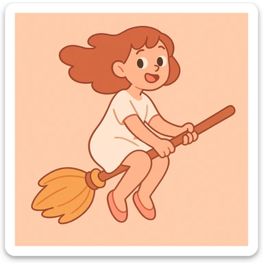 a simple girl flying on a broom, white dress, soft pastel illustration sticker