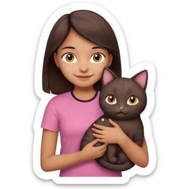 As una chica con piel marron claro con el pelo  medio largo color marron oscuro que tenga la chica una camiseta rosada mangas cortas con un jean claro que tenga ojos marrones la chica que la chica este sonriendo mientras sostiene entre sus brazos un gato negro gordito. sticker