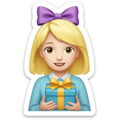 🥳🎀  sarı saçlı kız p saçının üstünde toka var tokat atmış iyi ki doğdun teyzeciğim diyor hem hediye var elimde çok kafasına tokat atmış sticker