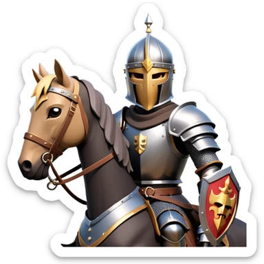clash-of-clans-aesthetic_-cinematic-fearsome-and-majestic-knight-bust-portrait-emoji, rendered in a flat, vector-style with minimal shading and bold, simplified shapes, depicting a battle-ready medieval knight with steely eyes and intricate armor, riding on a black warhorse looking regal reflecting sunlight over a misty battlefield. sticker