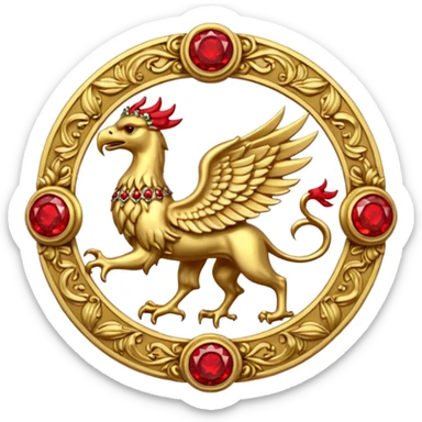 Golden griffin crest / brosch in a circle with red gems and no background sticker