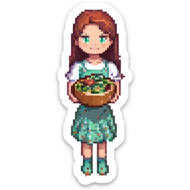 girl holding a salad bowl, pixel art style sticker